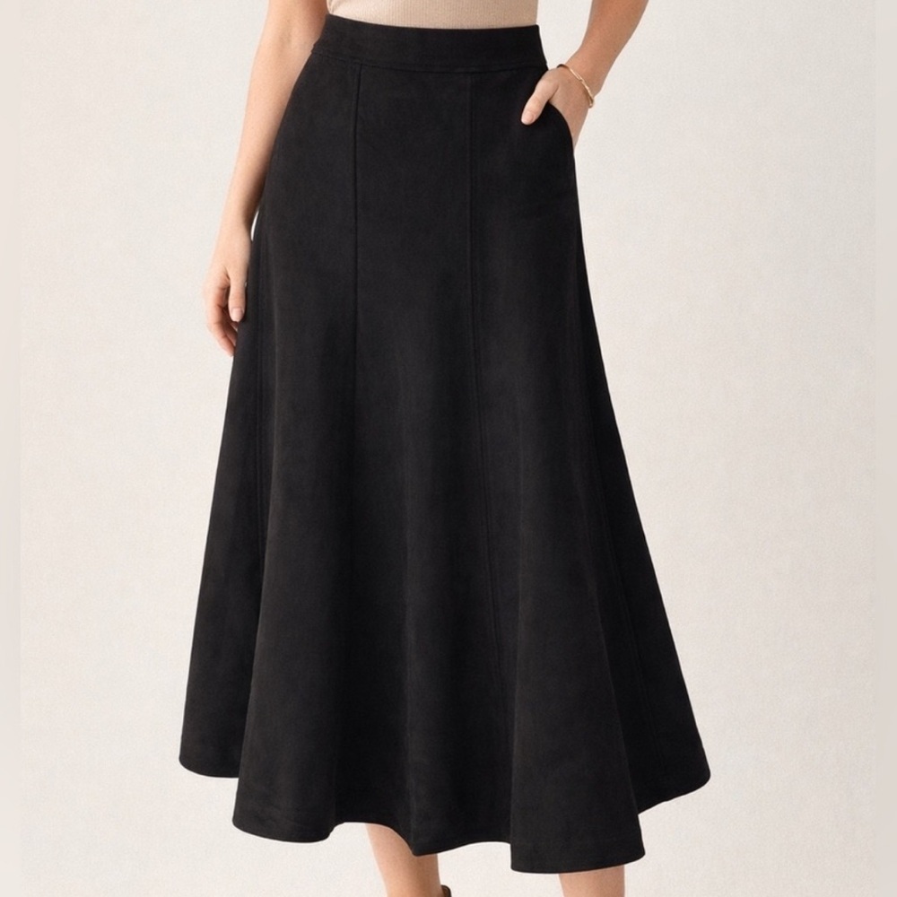 Black Faux Suede Midi Skirt A-Line High Waist Size 8 NWT Crown Ivy